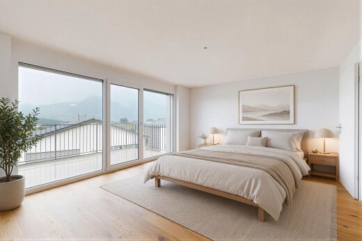 room / bedroom featuring light wood finished floors, access to exterior, and a mountain view