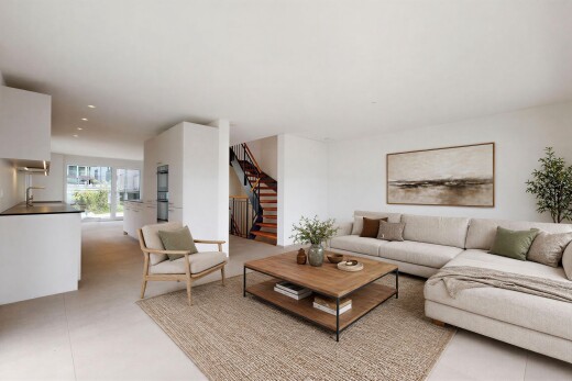 living area featuring stairway and recessed lighting
