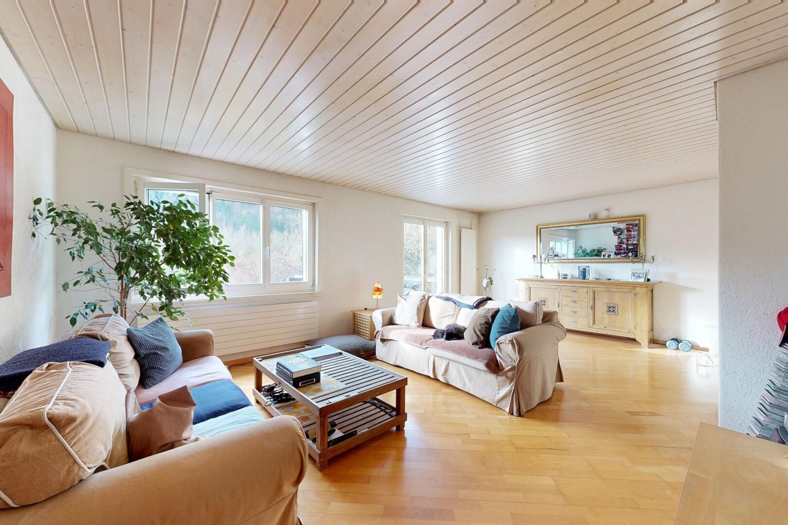 salon avec plafond en bois, wood ceiling, lumière naturelle, natural light, et inside property