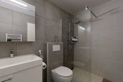 bad mit tile wall, fliesenwand, dusche, komplettes badezimmer, und spiegel