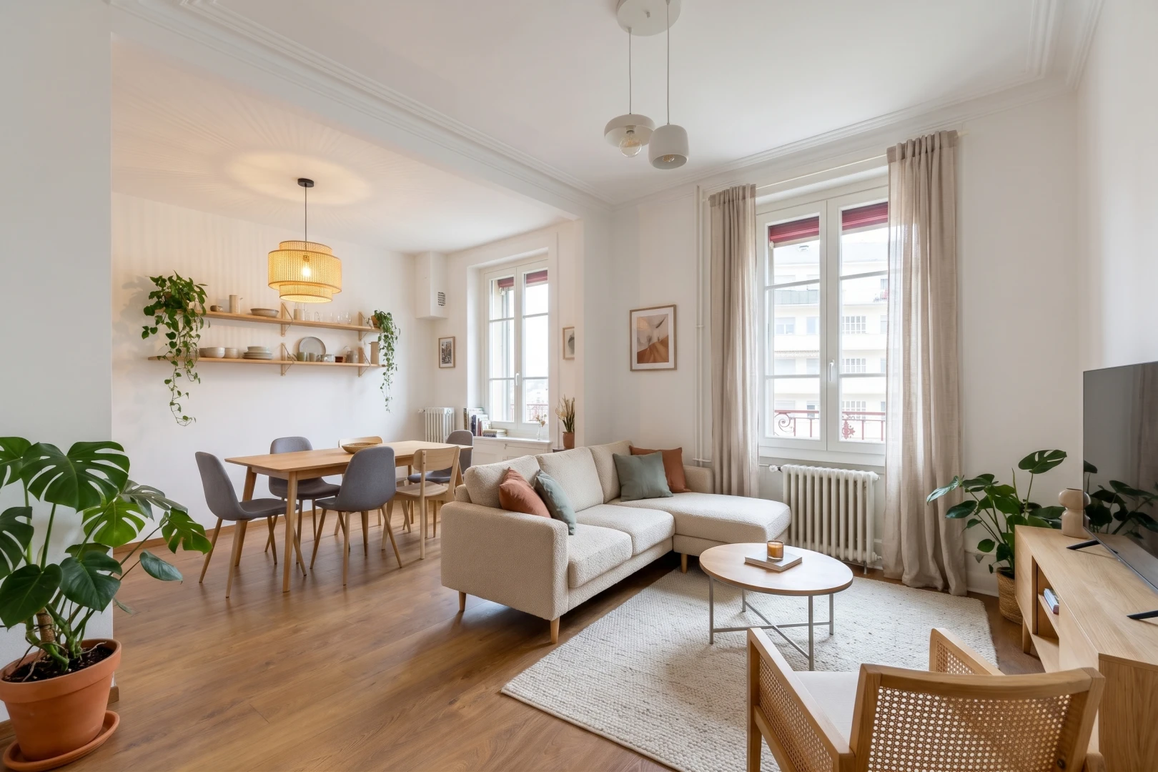 pièce vide avec éclairage suspendu, radiateur, cloison sèche, drywall, et sol en finition bois