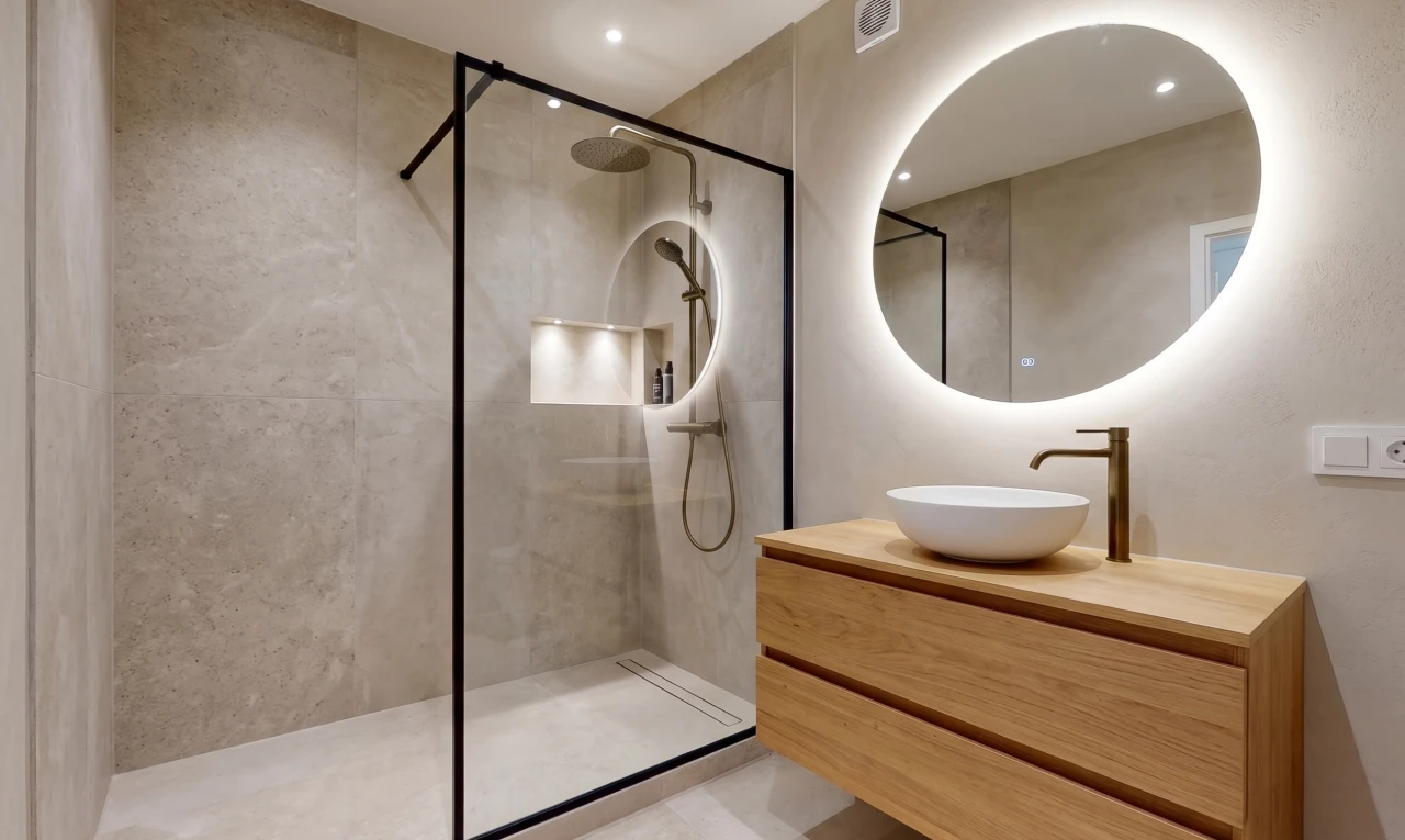salle de bains avec miroir, salle de bain complète, évier, mur en carrelage, et tile wall