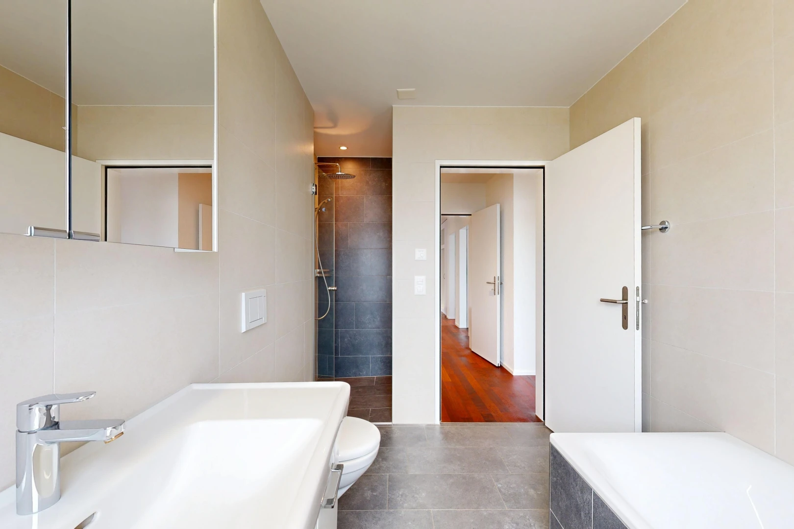 bad mit komplettes badezimmer, spiegel, waschbecken, dusche, und toilette
