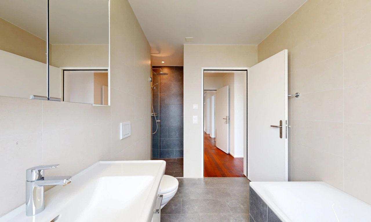 bad mit komplettes badezimmer, spiegel, waschbecken, dusche, und toilette
