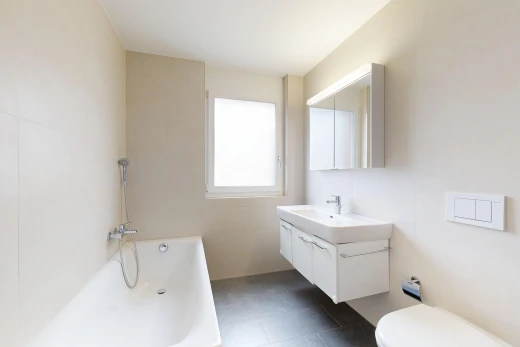 bad mit komplettes badezimmer, spiegel, bad, schminktisch, und dark floor