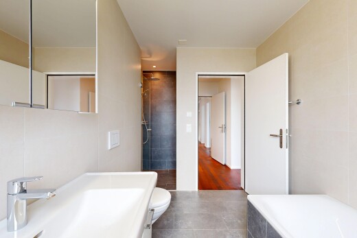 bad mit komplettes badezimmer, spiegel, waschbecken, dusche, und toilette