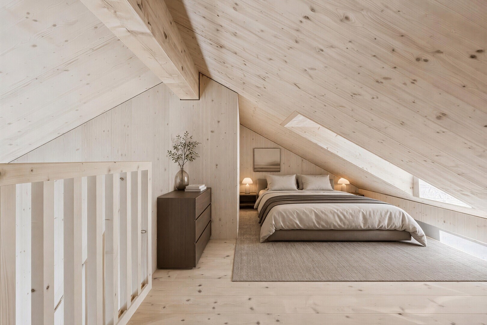 zimmer / schlafzimmer mit kathedralendecke, cathedral ceiling, dachschräge, vaulted ceiling, und holzfußboden