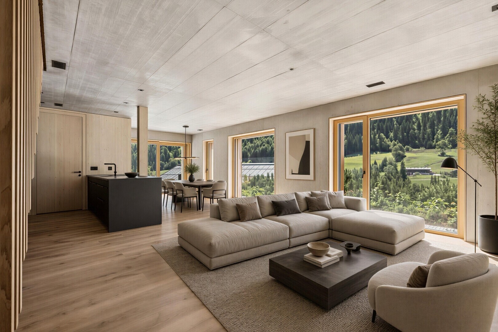 wohn- / esszimmer mit holzfußboden, wood finish floor, inside property, virtually staged, und natürliches licht