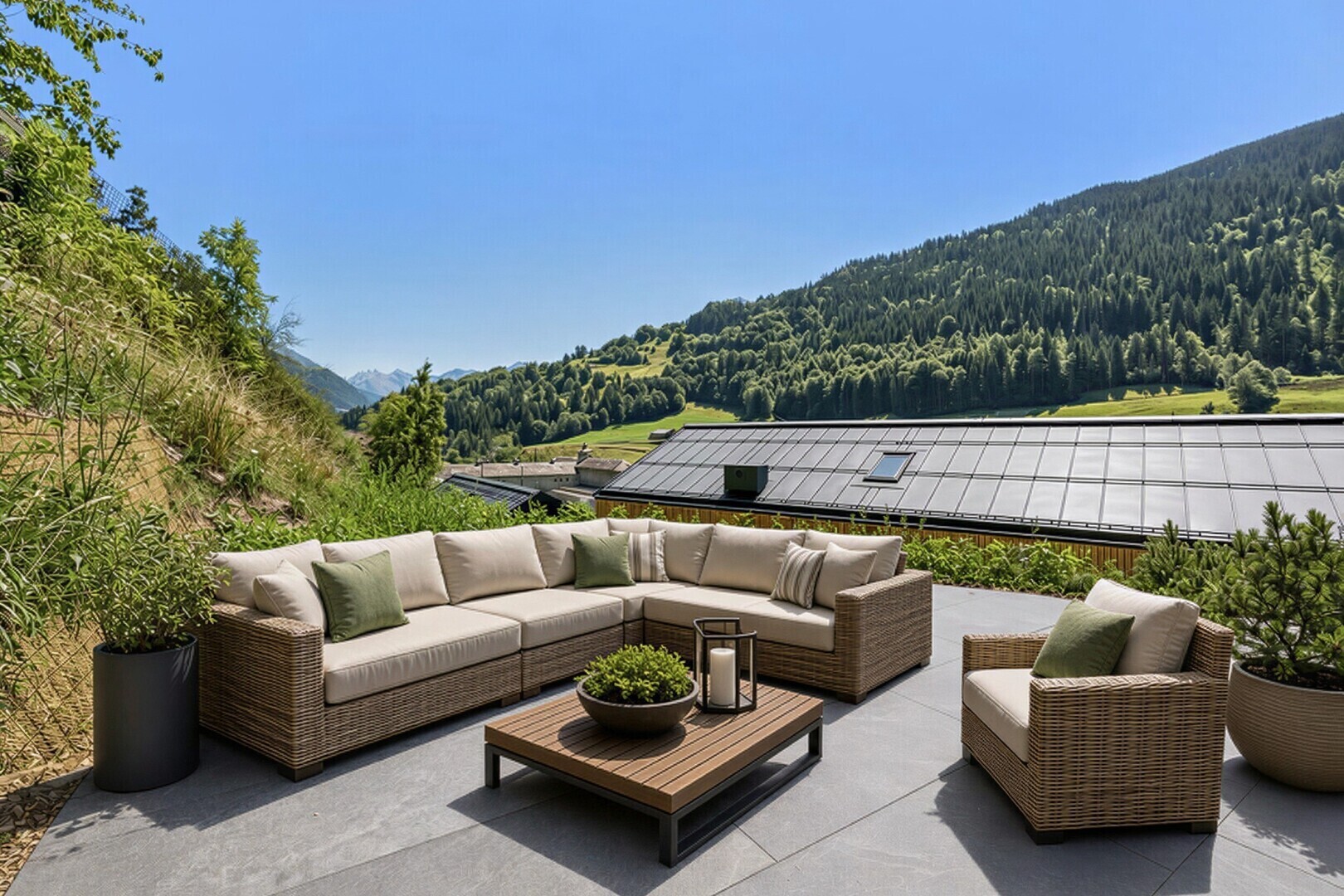 terrasse mit waldblick, forest view, view focus, from property, und day time