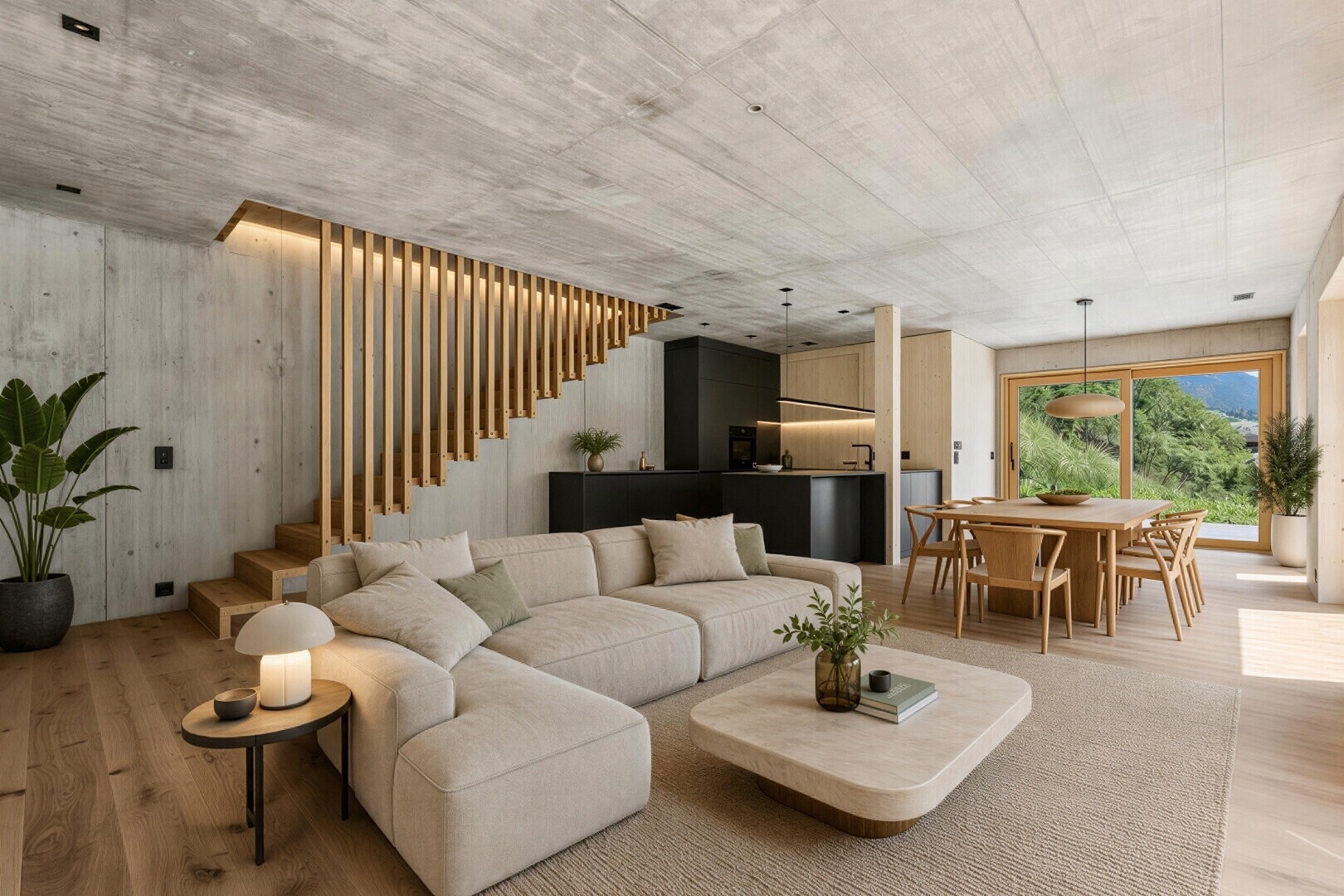 wohn- / esszimmer mit betondecke, concrete ceiling, treppen, pendelleuchte, und holzfußboden