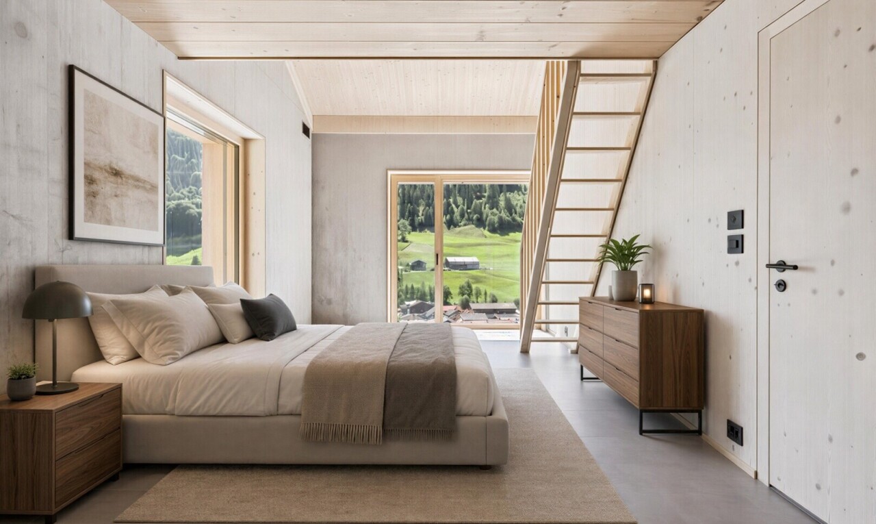 zimmer / schlafzimmer mit inside property, concrete floor, betonboden, finished concrete floor, und virtually staged
