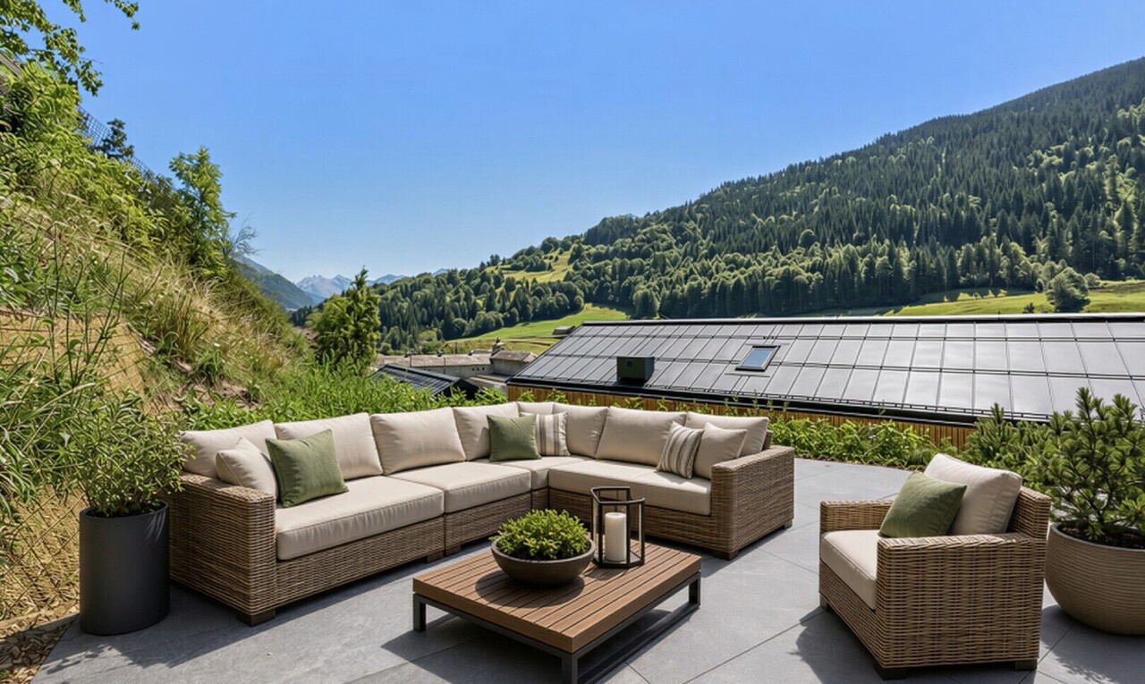 terrasse mit waldblick, forest view, view focus, from property, und day time