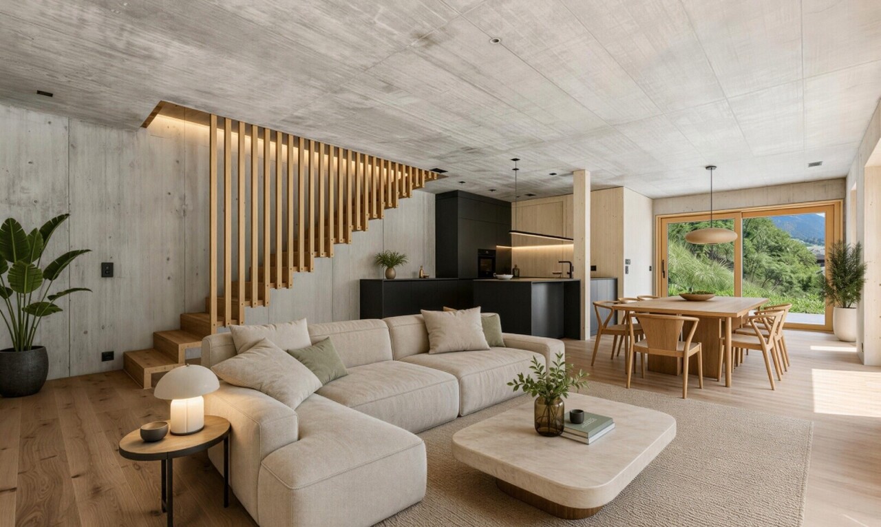 wohn- / esszimmer mit betondecke, concrete ceiling, treppen, pendelleuchte, und holzfußboden