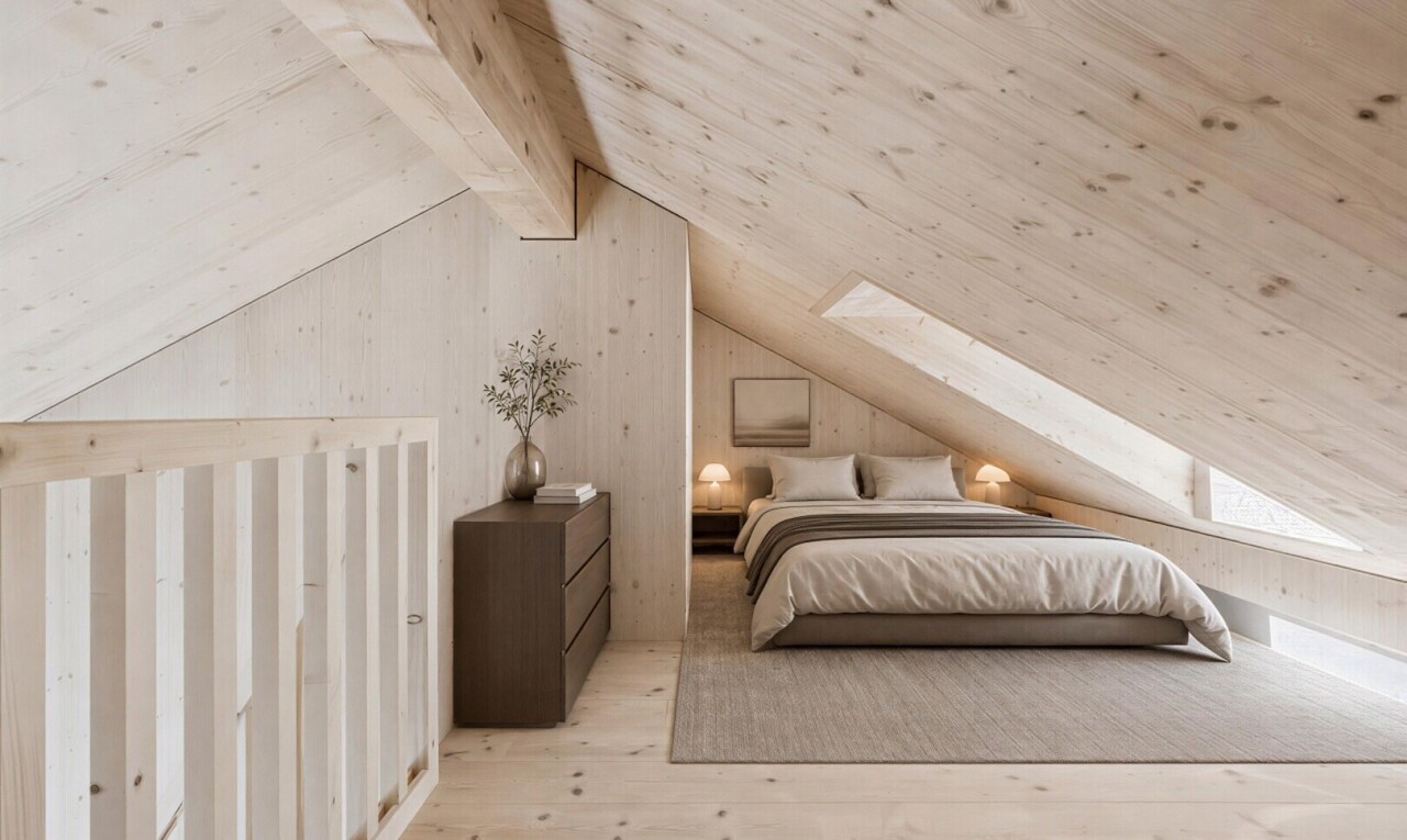 zimmer / schlafzimmer mit kathedralendecke, cathedral ceiling, dachschräge, vaulted ceiling, und holzfußboden