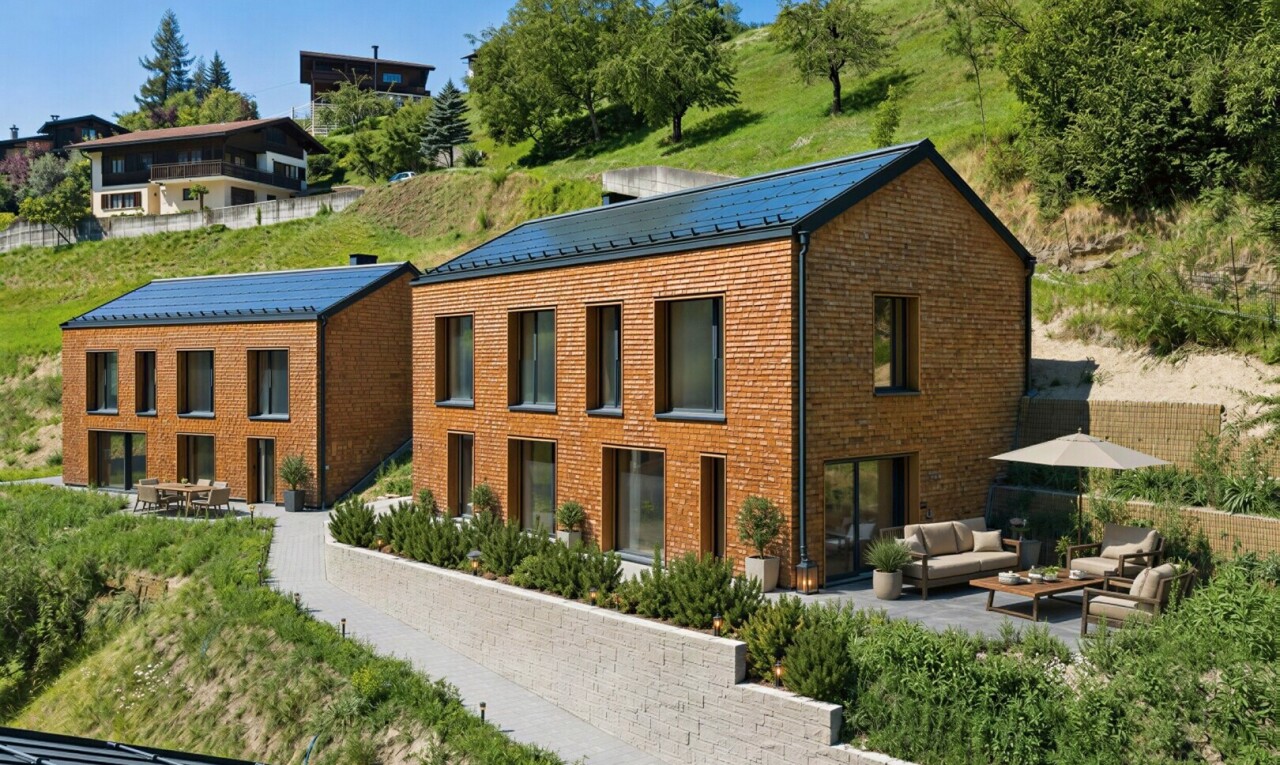 außenansicht mit drone view, ziegelverkleidung, wohnraum im freien, property visible, und terrasse