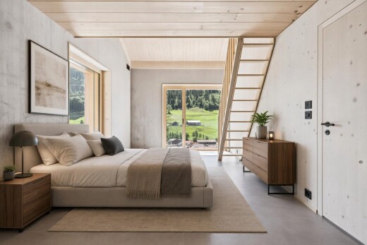 zimmer / schlafzimmer mit inside property, concrete floor, betonboden, finished concrete floor, und virtually staged