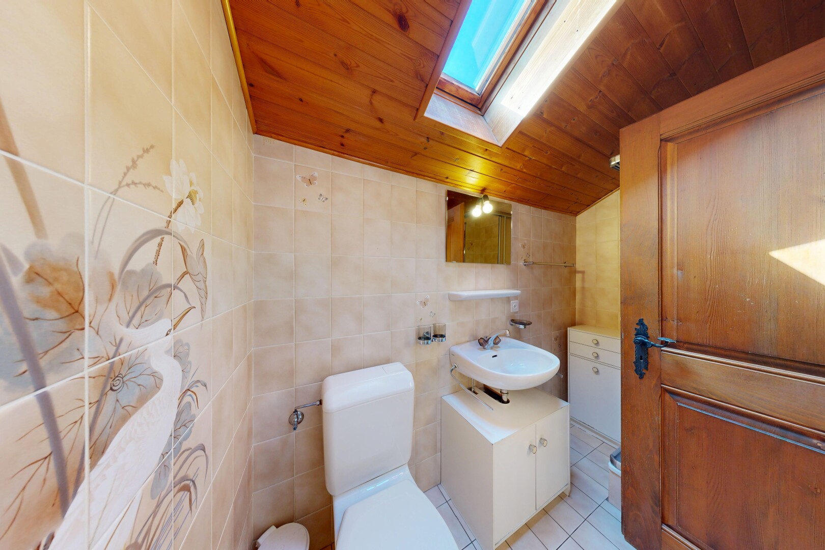 salle de bains avec puits de lumière, mur en carrelage, tile wall, miroir, et toilette