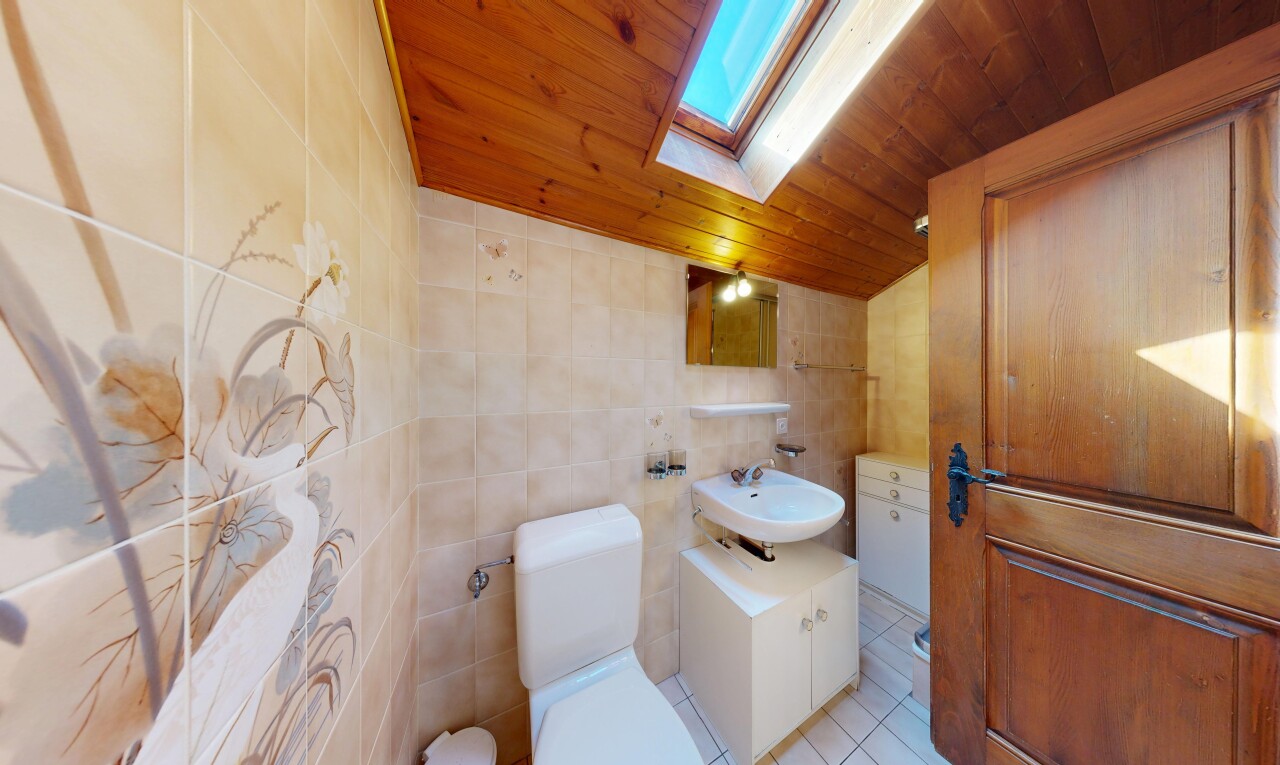 salle de bains avec puits de lumière, mur en carrelage, tile wall, miroir, et toilette