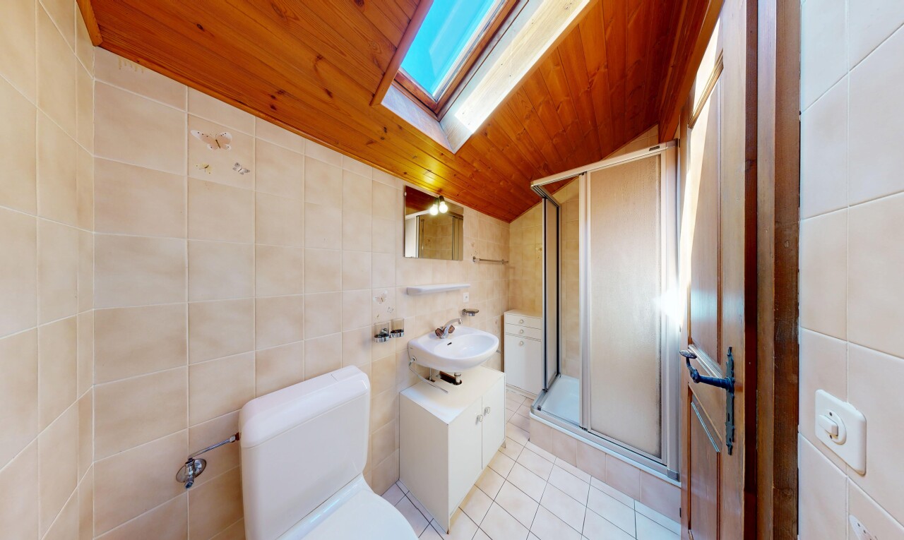 salle de bains avec mur en carrelage, tile wall, puits de lumière, douche, et salle de bain complète