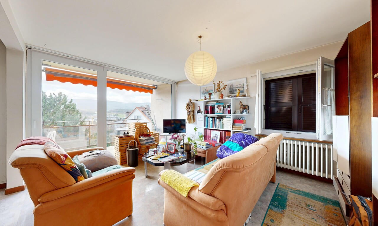 salon avec radiateur, lumière naturelle, natural light, inside property, et télévision