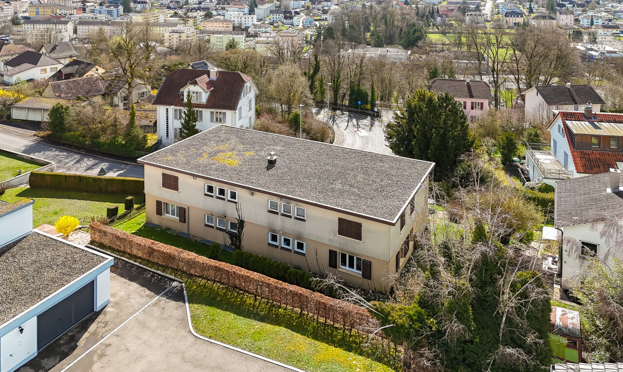 façade avec pelouse et drone view