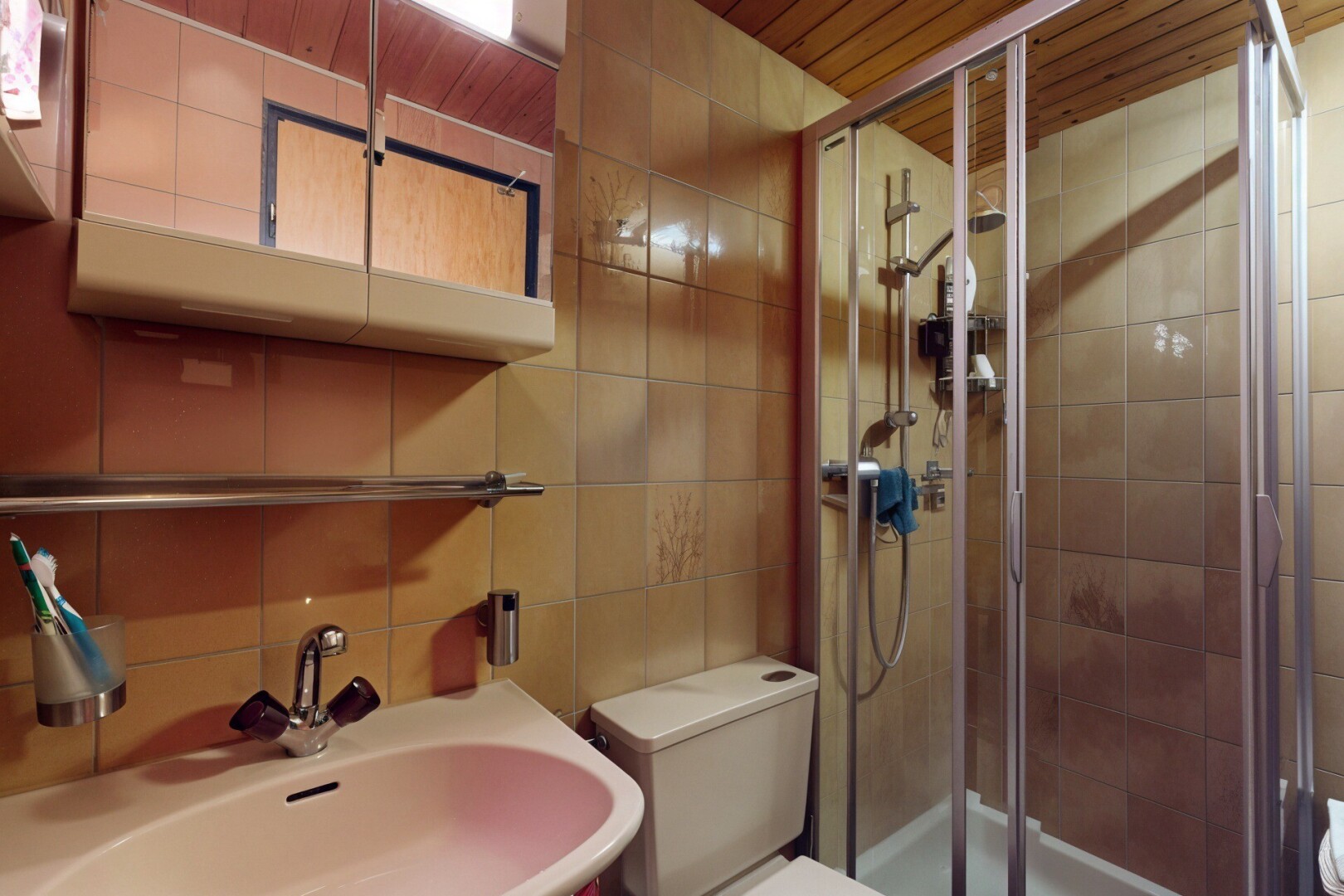 salle de bains avec tile wall, mur en carrelage, évier, toilette, et douche