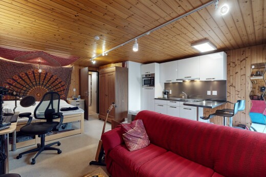 salon avec inside property, wood ceiling, plafond en bois, track lighting, et éclairage sur rail