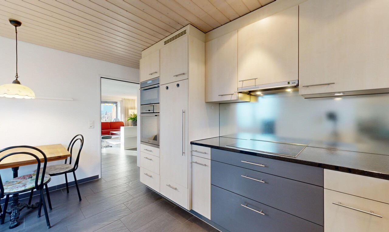 küche mit arbeitsplatten, inside property, wood ceiling, holzdecke, und dunstabzugshaube