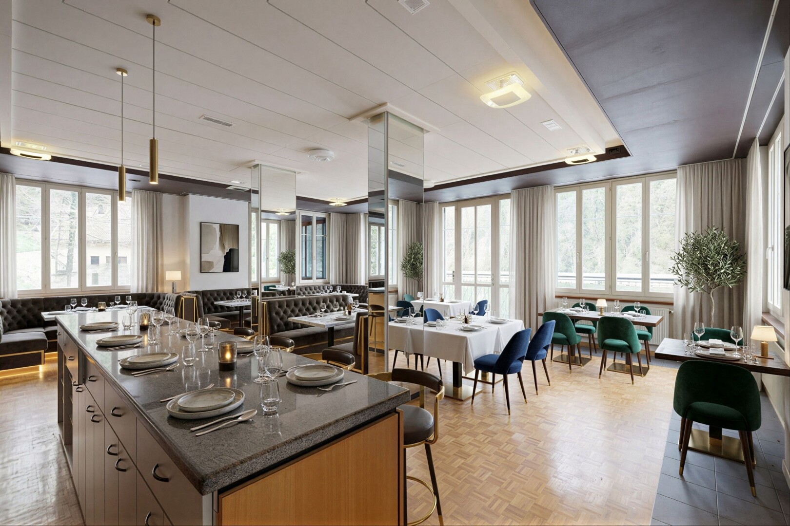 cuisine avec ouvert sur l'espace de vie, opens to living area, îlot de cuisine, kitchen island, et plans de travail en pierre