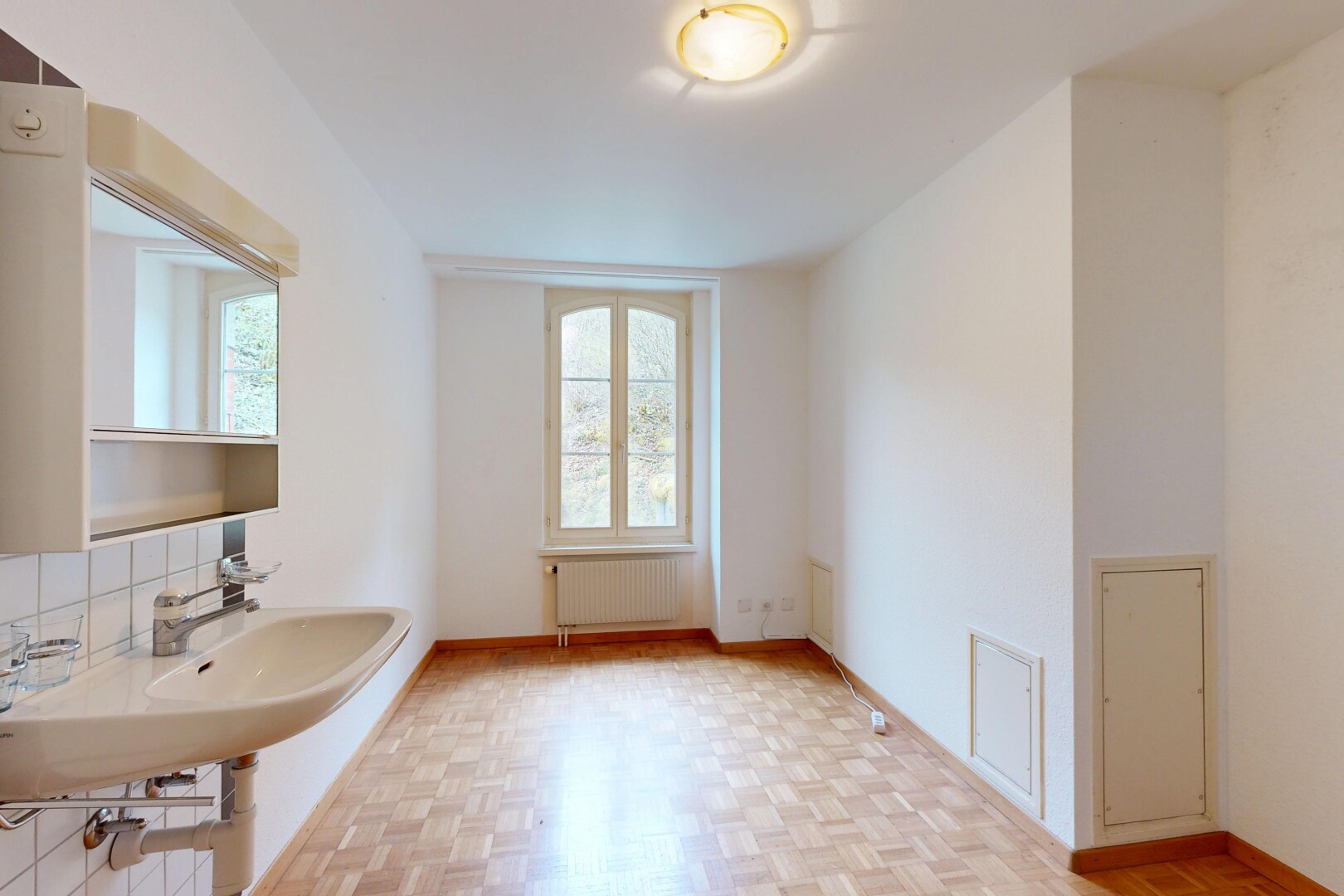 salle de bains avec wood finish floor, sol en finition bois, radiateur, parquet floor, et drywall
