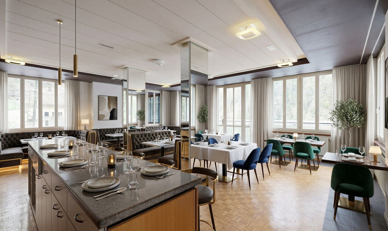 cuisine avec ouvert sur l'espace de vie, opens to living area, îlot de cuisine, kitchen island, et plans de travail en pierre