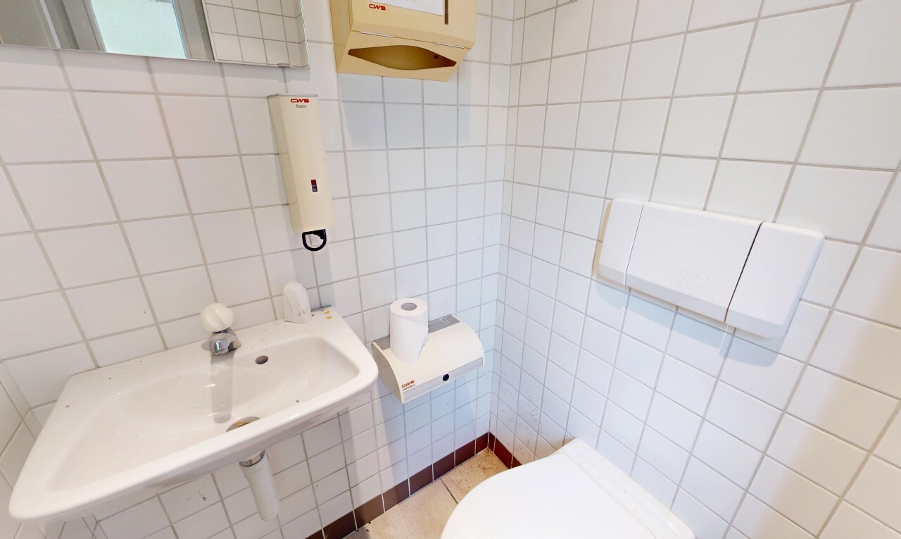 salle de bains avec toilette, tile wall, mur en carrelage, inside property, et évier