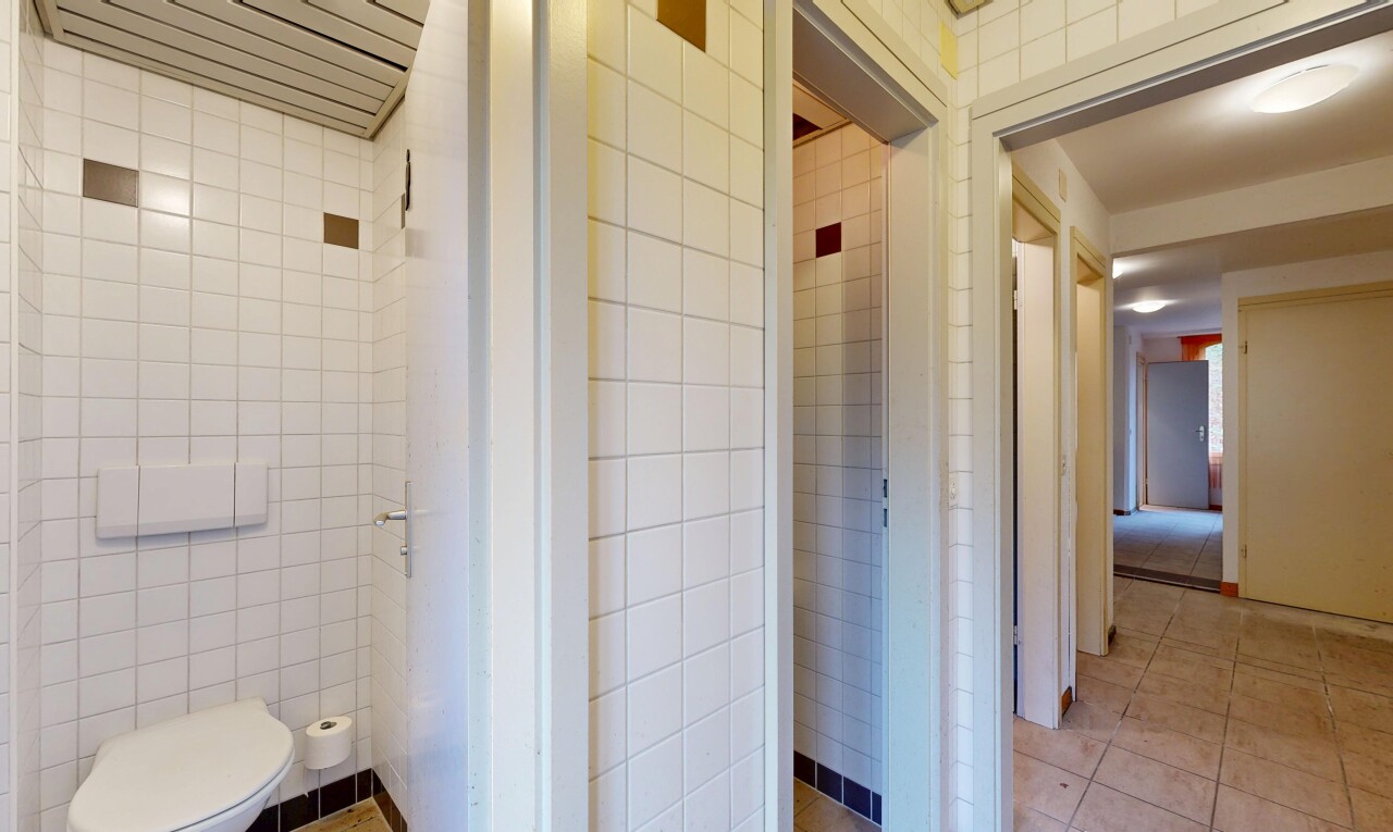 salle de bains avec tile wall, mur en carrelage, inside property, toilette, et light floor