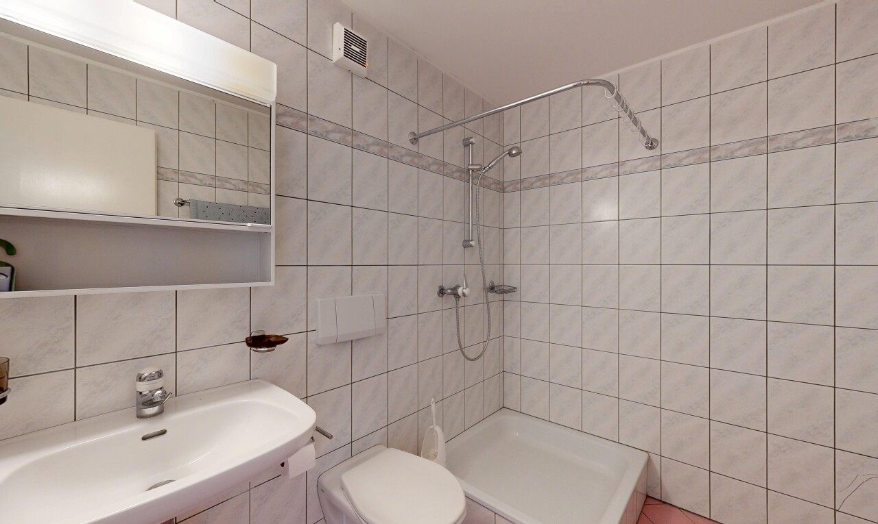 salle de bains avec tile wall, mur en carrelage, toilette, miroir, et salle de bain complète