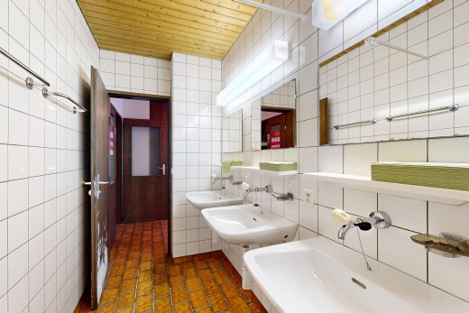 salle de bains avec tile wall, mur en carrelage, deux éviers simples, inside property, et miroir