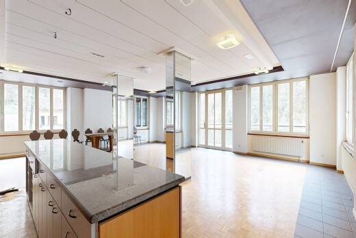 cuisine avec ouvert sur l'espace de vie, opens to living area, îlot de cuisine, kitchen island, et plans de travail en pierre