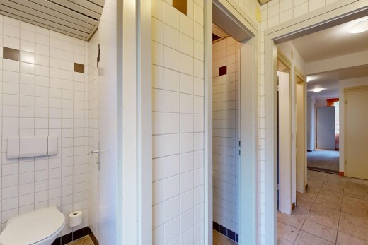 salle de bains avec tile wall, mur en carrelage, inside property, toilette, et light floor