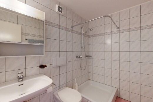 salle de bains avec tile wall, mur en carrelage, toilette, miroir, et salle de bain complète