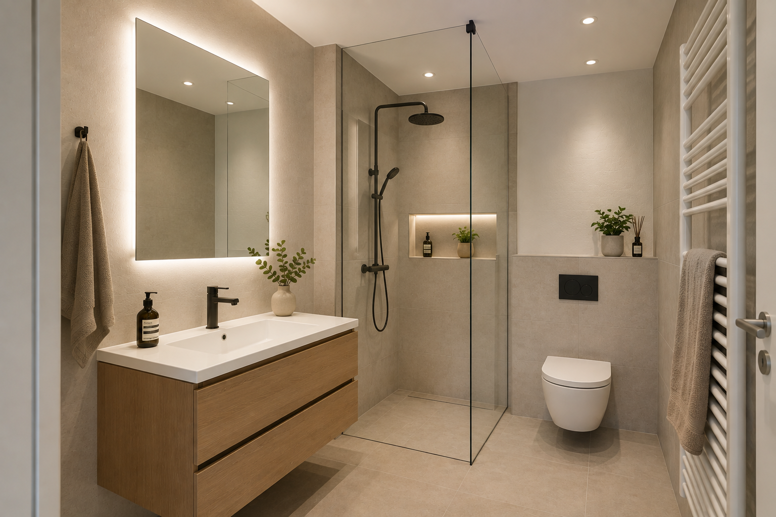 bad mit handtuchwärmer, kühler, komplettes badezimmer, spiegel, und tile wall