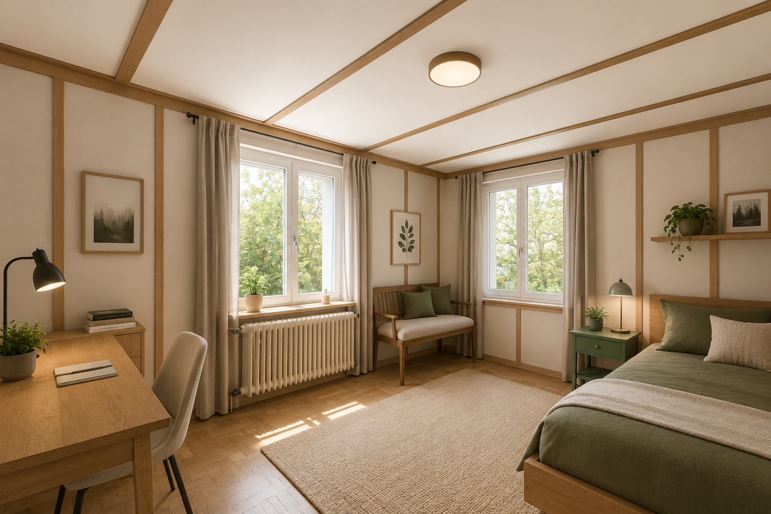 zimmer / schlafzimmer mit kühler, wood wall, holzwand, natürliches licht, und wood finish floor