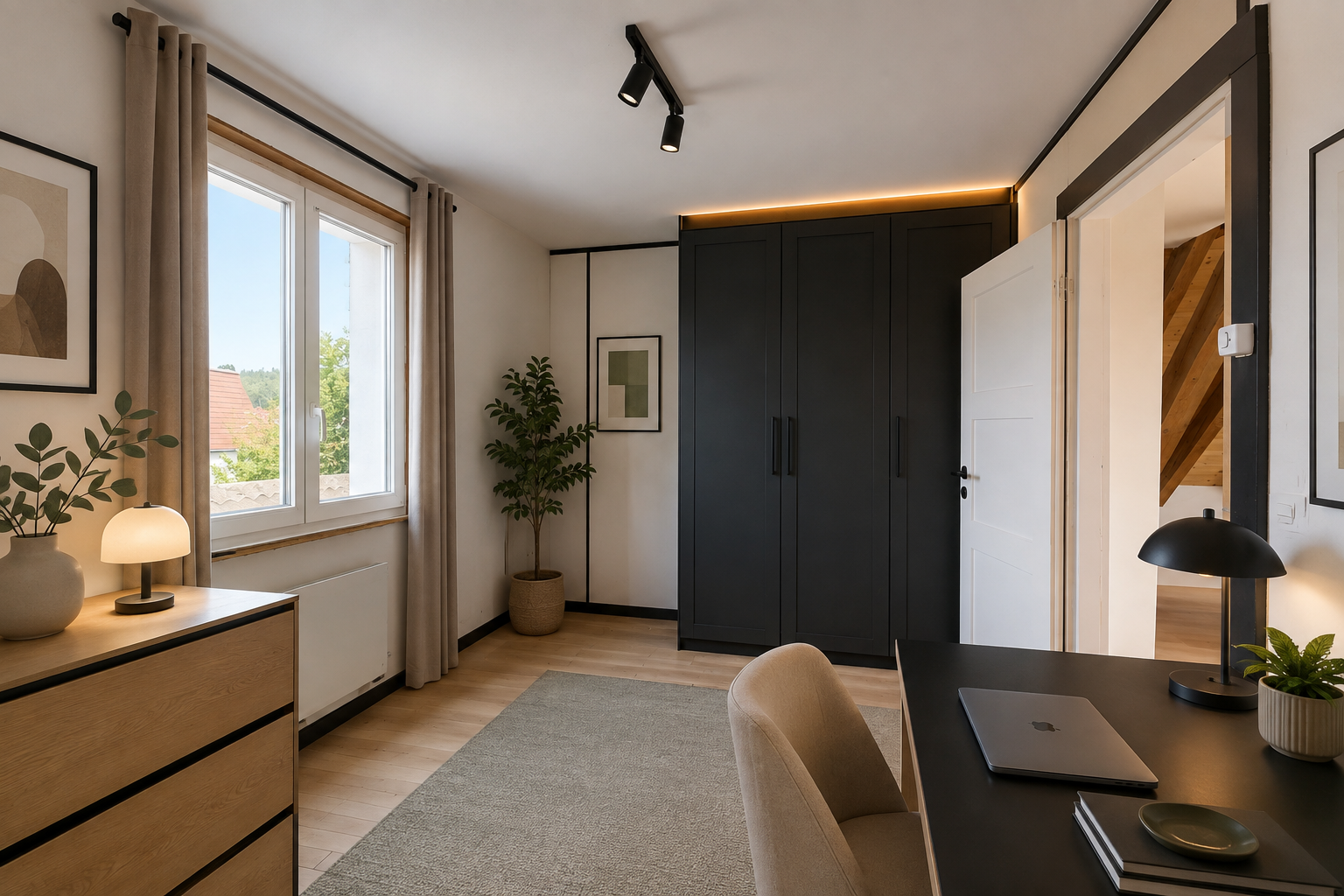 zimmer / schlafzimmer mit wood finish floor, holzfußboden, bauernhaustür, light floor, und manufactured ceiling panel