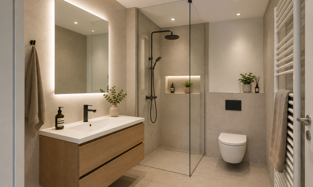 bad mit handtuchwärmer, kühler, komplettes badezimmer, spiegel, und tile wall