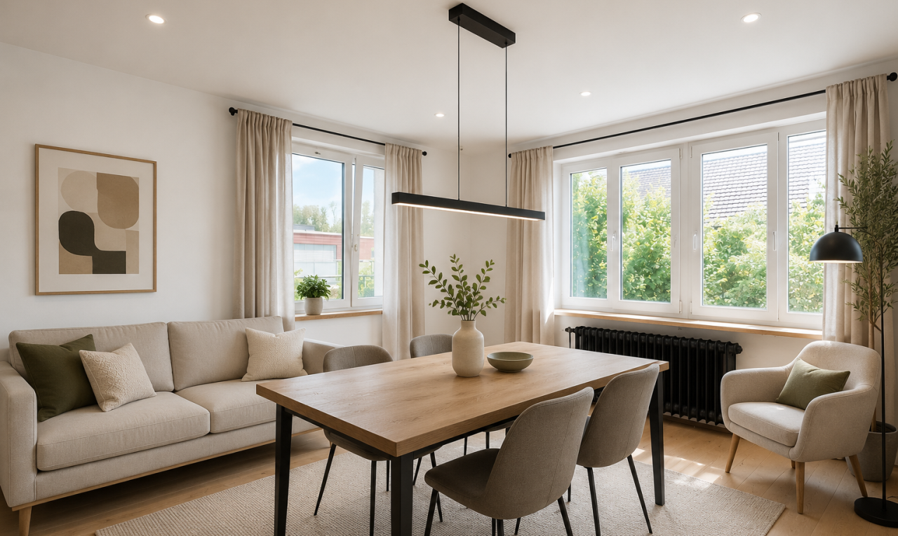 wohn- / esszimmer mit natürliches licht, holzfußboden, wood finish floor, kühler, und manufactured wall