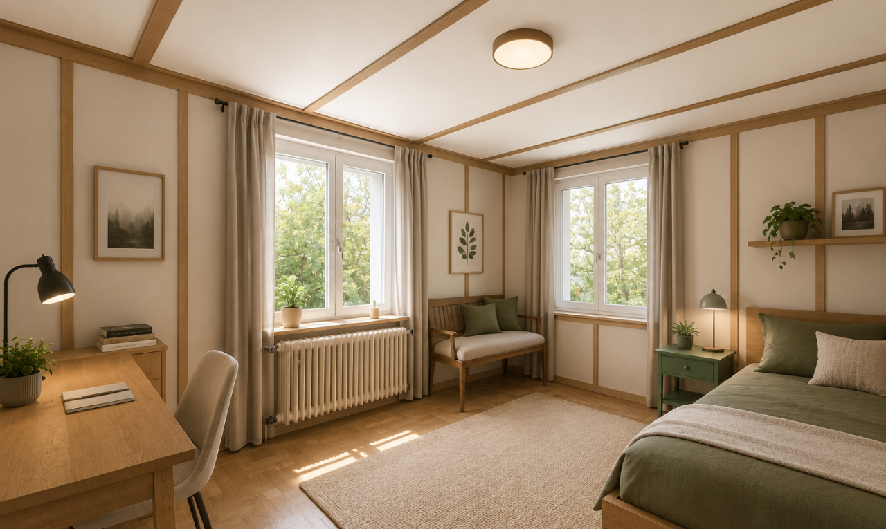 zimmer / schlafzimmer mit kühler, wood wall, holzwand, natürliches licht, und wood finish floor