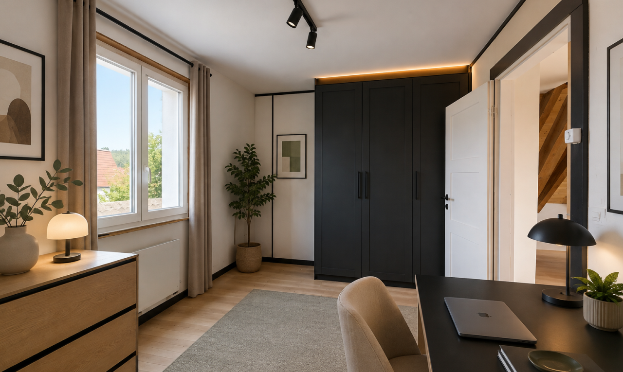 zimmer / schlafzimmer mit wood finish floor, holzfußboden, bauernhaustür, light floor, und manufactured ceiling panel