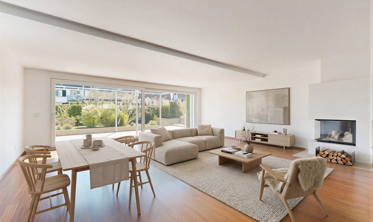 living room with light wood finished floors, beamed ceiling, and a glass covered fireplace