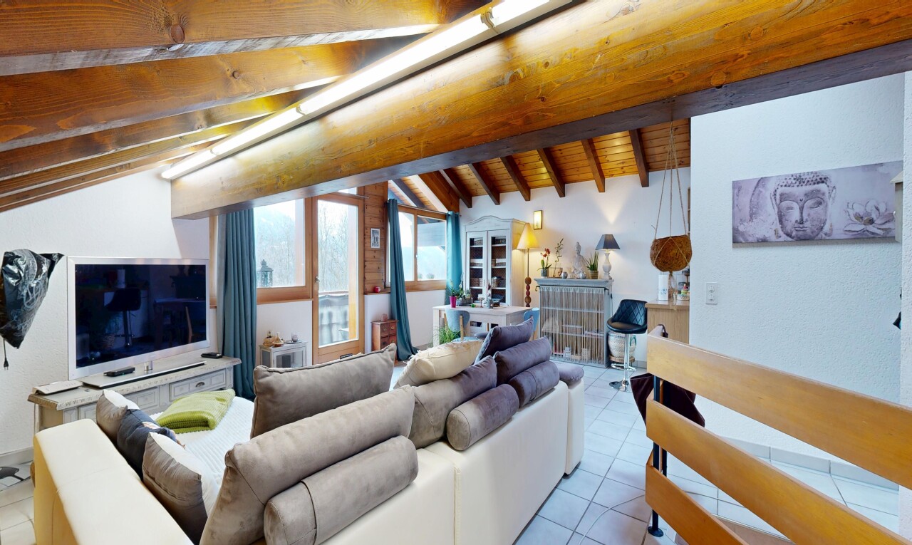 salon avec plafond voûté, vaulted ceiling, inside property, télévision, et lumière naturelle