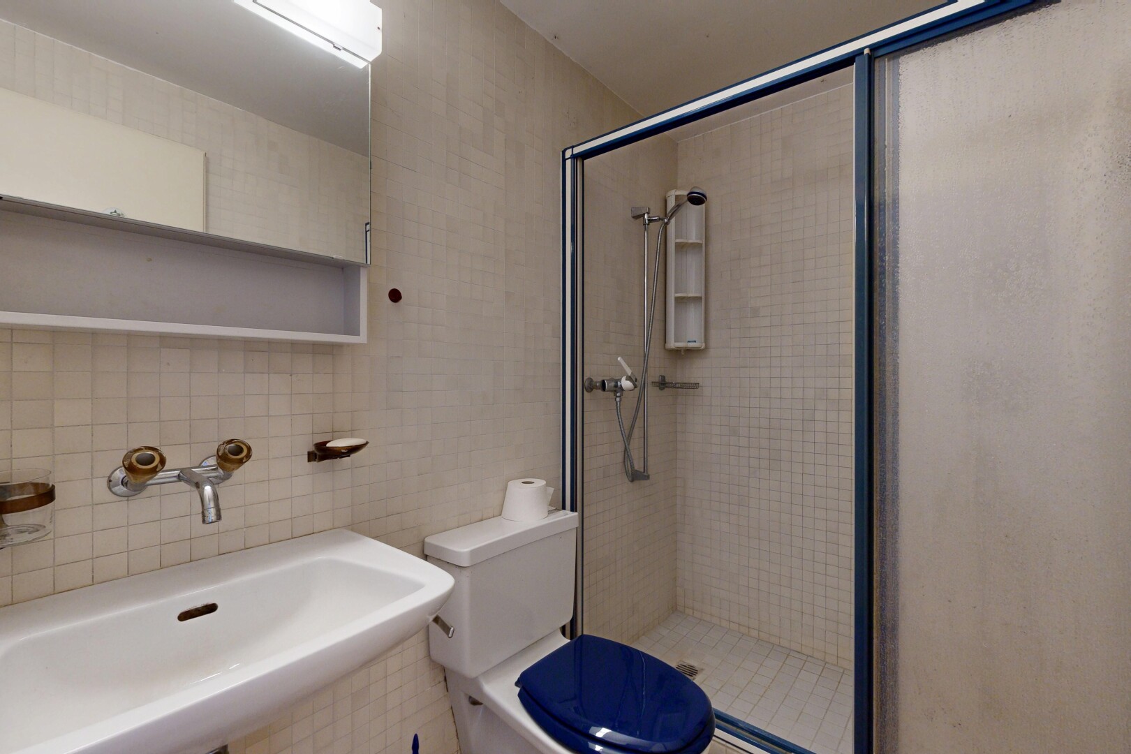 salle de bains avec mur en carrelage, tile wall, miroir, salle de bain complète, et toilette
