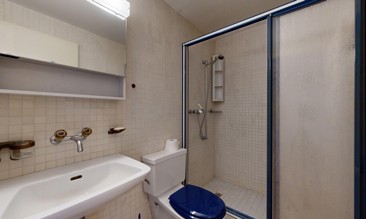 salle de bains avec mur en carrelage, tile wall, miroir, salle de bain complète, et toilette