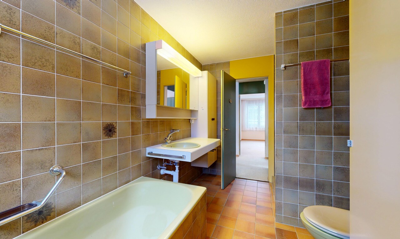 salle de bains avec mur en carrelage, tile wall, miroir, salle de bain complète, et bain